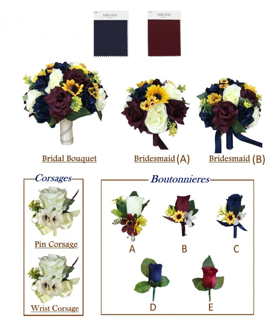 Свадьба - Beautiful Fall Wedding Package - Marine Navy, Wine burgundy, and Sunflowers Keepsake Artificial Flowers -Build Your Package