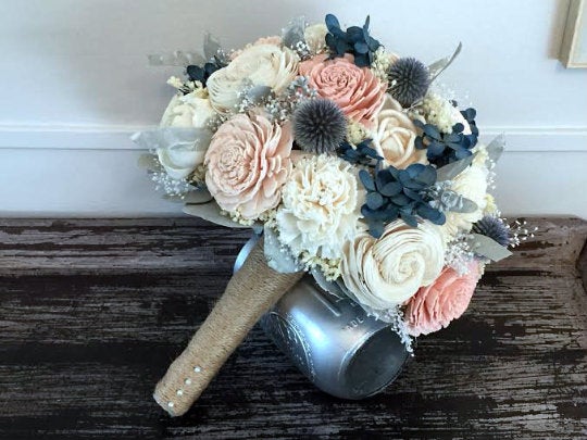 Hochzeit - Pink, blush, blue Wedding Bouquet - sola flowers - choose your colors - Custom - lace - Alternative bridal bouquet - bridesmaids bouquet