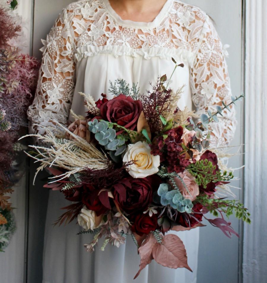 زفاف - Taupe tan ivory burgundy bouquet, Winter wedding bouquet, Boho bridal bouquet