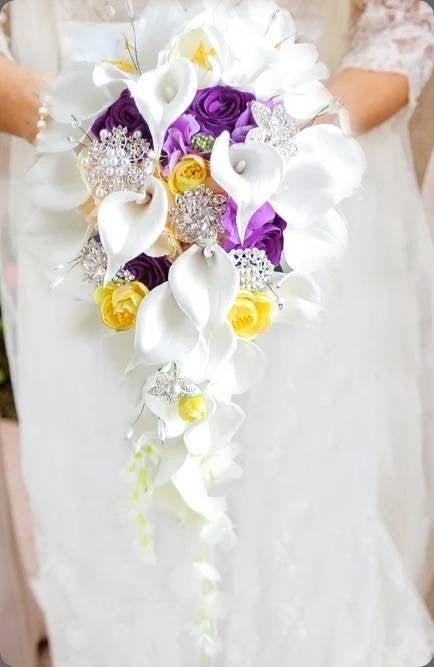 Wedding - Purple,yellow & Ivory Wedding Bouquet-Waterfall Bridal Bouquet-Crystal Bridal Flowers-ivory purple Bouquet-Bridesmaid Bouquet- Silk Flowers