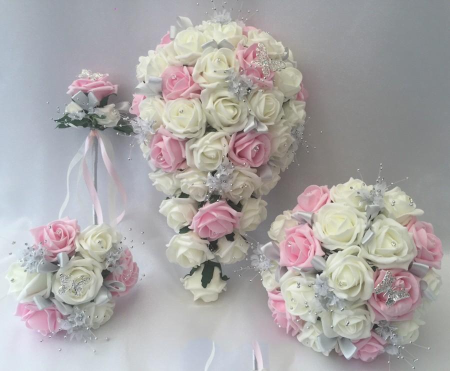 زفاف - Artificial wedding bouquets flowers sets ivory pink