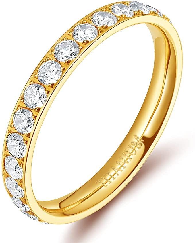 زفاف - 3mm Skinny Ring, Gold Titanium CZ Eternity Band, Wedding Bands for Women Eternity Ring  Engagement Rings Stackable Anniversary