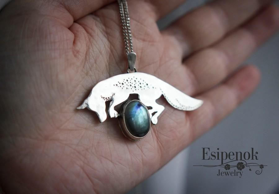 زفاف - Forest fox nickel silver pendant Wild animal jewelry Beauty gift wife daughter Something blue Labradorite gemstone necklace Nature inspire