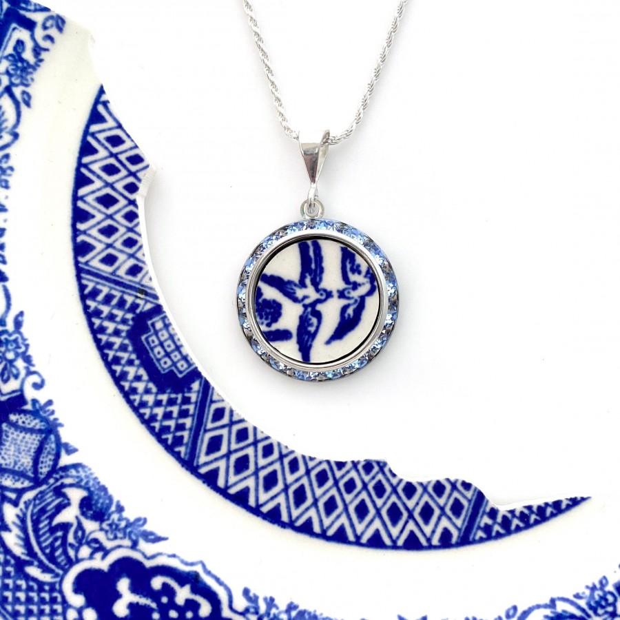 زفاف - Love Birds China Necklace Broken China Jewelry Romantic 20th Anniversary Gift for Wife Vintage Blue Willow Ware China