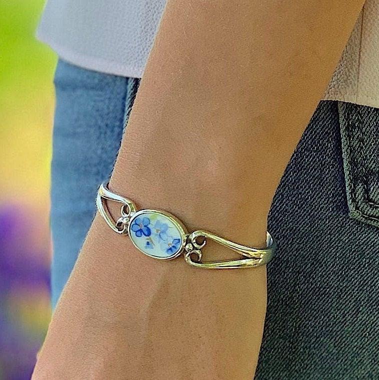 Wedding - Broken China Forget Me Not Flower Bracelet, Birthday Gift, 20th Anniversary Gift for Wife, Repurposed Jewelry, Unique Gifts for Women