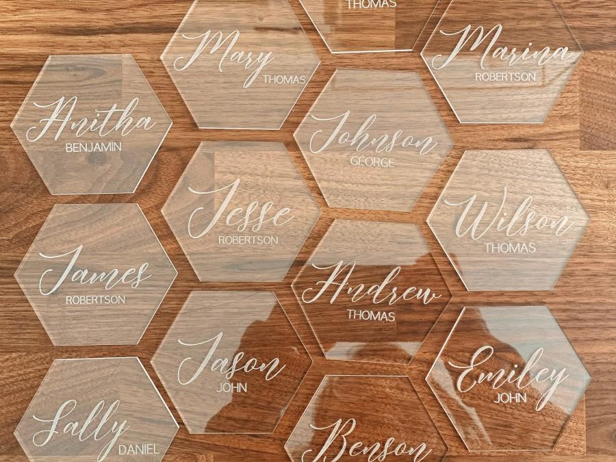 Hochzeit - Acrylic Place Cards, Hexagon Place Cards, Acrylic Hexagon Name Cards, Wedding Place Cards, Wedding, Wedding Name Cards, Acrylic Hexagons
