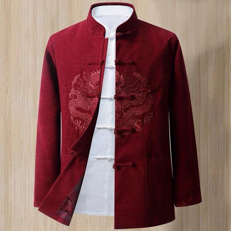 Wedding - Men’s wedding suit, Chinese wedding suit, Wedding Tang Jacket, embroidered dragon pattern, wine red color, mandarin collar