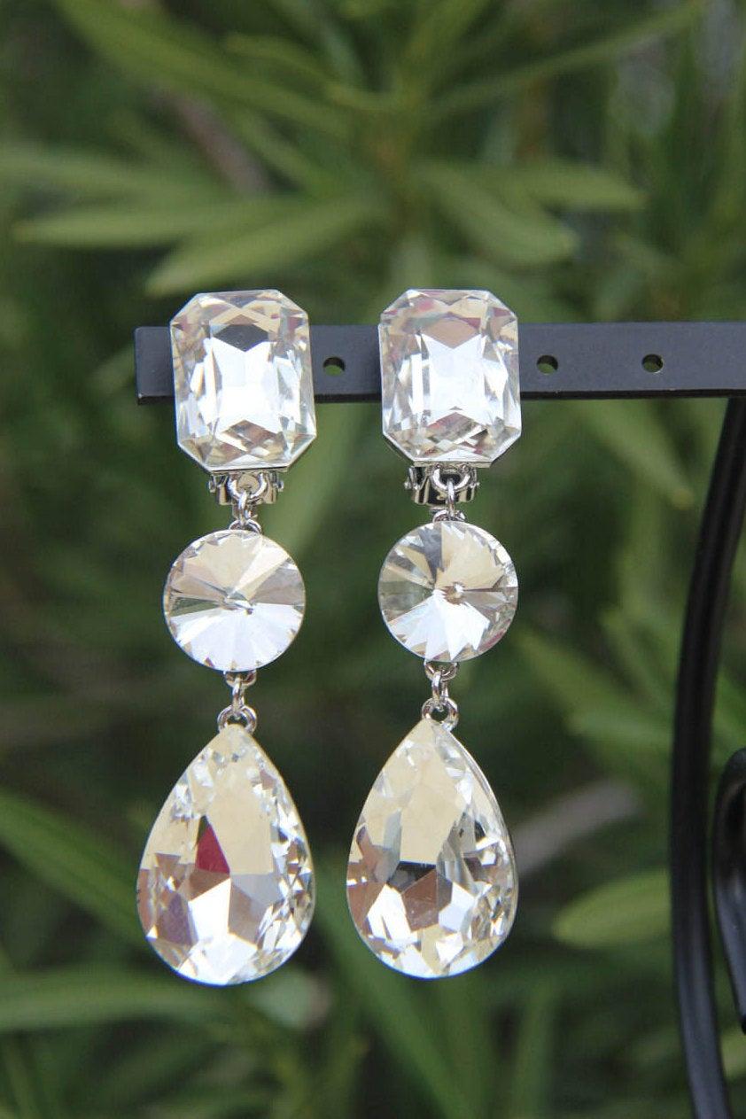 زفاف - large clear crystal clip on earrings, clip pageant/prom or bridal, large blue clip on earrings, long red rhinestone clip on, black clip on