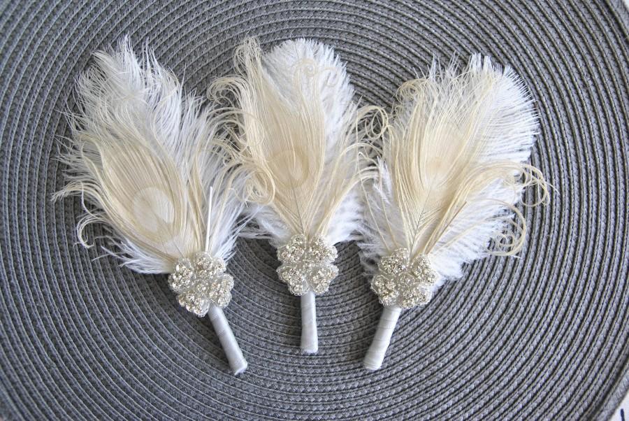 Hochzeit - Crystal Groom boutonniere Ostrich Feather Bridal Ivory Gold Gatsby 1920s groomsmen boutonnire wedding feathers boutonniere button hole pin
