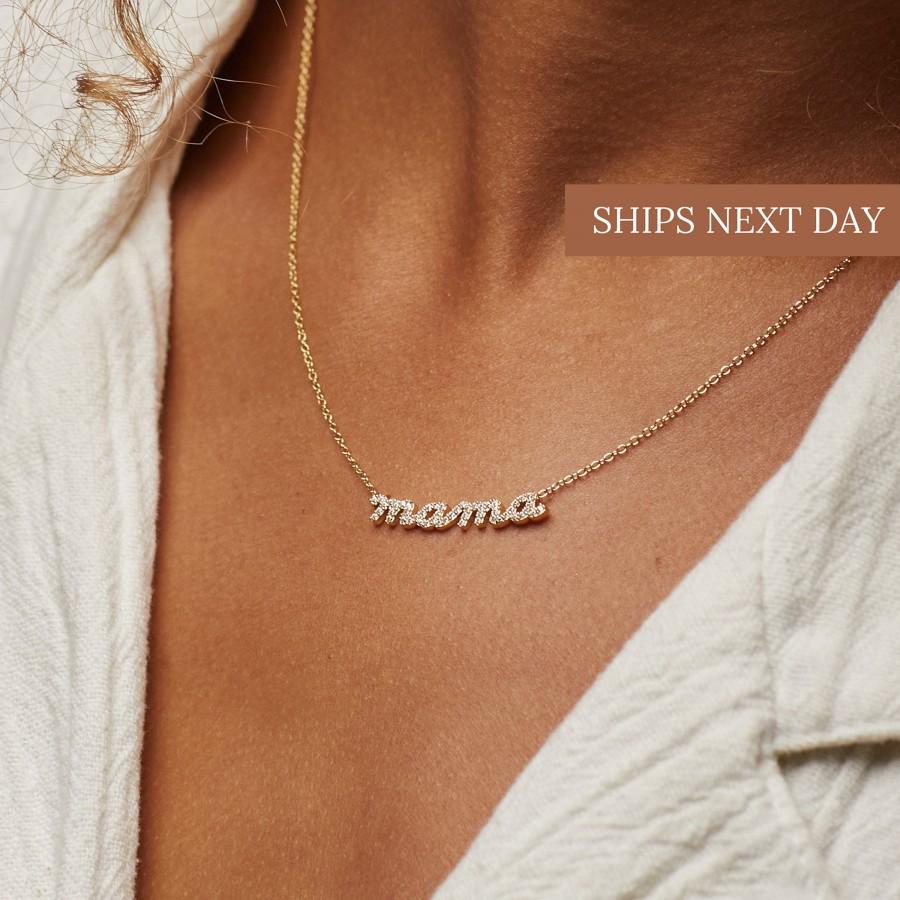 زفاف - Pave Mama Script Necklace by Caitlyn Minimalist in Sterling Silver, Gold & Rose Gold • Perfect Gift for Mom • Mothers Day Gifts • NR010