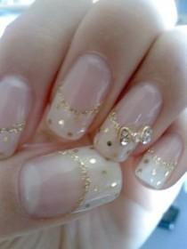 wedding photo - Gold Polka Dots French Manicure Wedding Nails with Gold Alloy Rhinestones Bow Tie 