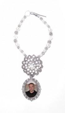 wedding photo -  Wedding Bouquet Memorial Photo Oval Metal Charm Crystal Gems Pearls Silver Diamond Tibetan Beads - FREE SHIPPING