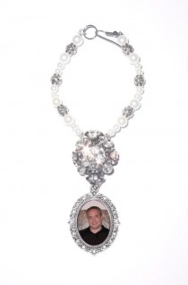 wedding photo -  Wedding Bouquet Memorial Photo Oval Metal Charm Crystal Gems Pearls Silver Diamond Tibetan Beads - FREE SHIPPING