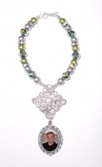wedding photo -  Wedding Bouquet Memorial Photo Oval Metal Charm Sage Sea Green Crystal Gems Pearls Diamond Tibetan Beads - FREE SHIPPING