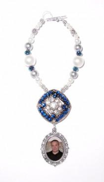 wedding photo -  Wedding Bouquet Memorial Photo Oval Metal Charm Something Royal Blue Crystal Gems Pearls Diamond Tibetan Beads - FREE SHIPPING