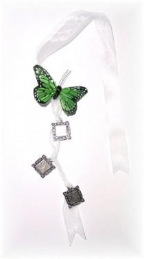 wedding photo -  DIY - Wedding Bouquet Memorial Triple Silver Square Green Butterfly Photo Ribbon Mini Charm