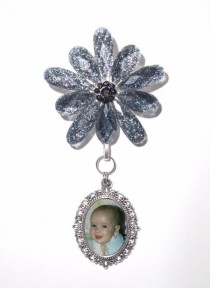 wedding photo -  Memorial Photo Charm Brooch Blue Floral Silver - FREE SHIPPING