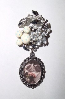 wedding photo -  Memorial Photo Brooch Silver Victorian Floral Crystal Gems Robin Egg Pearls Beads - FREE SHIPPING