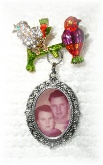 wedding photo -  Memorial Brooch with Silver Photo Charm Birds on a Branch Enameled Red Green Crystal Gems - FREE SHIPPING