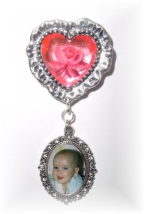 wedding photo -  Memorial Photo Charm Brooch Pinkish Red Rose Silver Heart - FREE SHIPPING