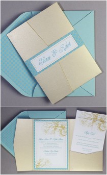 wedding photo - Exclusive Broke-Ass Bride Wedding Printables: Adorable Aqua & Gold Floral Pocketfold Invitations From Download & Print!