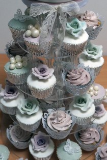 wedding photo -  Wedding Cupcakes with Pearls & Roses