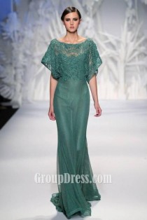 wedding photo -  Illusion Lace Over Tulle Evening Gown with Flutter Sleeve