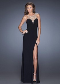 wedding photo -  La Femme 20433 Jeweled Top Black High Slit Jersey Gown