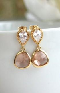 wedding photo - A Gold Plated Champagne Peach Drop Jewels Earrings. Wedding Jewelry, Bride Earrings. Bridesmaid Gift Jewelry