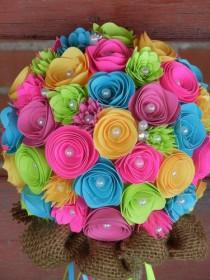 wedding photo - ★ Handmade Paper Flower Wedding Bouquet Bright Colors Pink Teal Yellow Coral ★