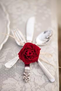 wedding photo - Cutlery With Soft Ribbon & A Rose Bud. 