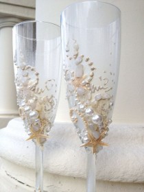 wedding photo - Starfish Свадебные Бокалы С Шампанским, Пляж Свадебных Тостов Флейты Из Слоновой Кости, В Конечном Свадебный Прием