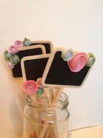 wedding photo - Mini Chalkboard Signs Pink And Green, Wedding, Table Numbers, Party, Dessert Or Food Label