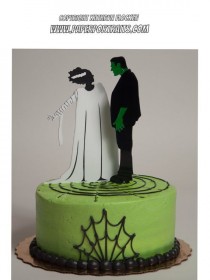 wedding photo - فرانكشتاين وعروس فرانكشتاين هالوين أو كعكة الزفاف توبر، Lasered الاكريليك مع عناصر مرسومة باليد
