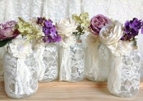wedding photo - 5 Ivoire Dentelle Jar couvert - Parfait pour les décorations de mariage, décoration nuptiale de douche, Décoration d'intérieur, 