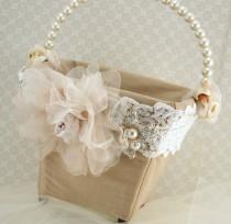 Flower Girl Basket Bridal Basket In Ivory, Blush Pink, Nude And Champagne With Dupioni Silk And Crystal Brooch Vintage Touch wedding photo - Flower Girl Basket Bridal Basket In Ivory, Blush Pink, Nude And Champagne With Dupioni Silk And Crystal Brooch Vintage Touch