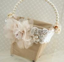 wedding photo - Flower Girl Basket Bridal Basket In Ivory, Blush Pink, Nude And Champagne With Dupioni Silk And Crystal Brooch Vintage Touch