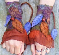 wedding photo - Felt Faery Cuffs - Nuno Felt Cuffs- Pixie Gloves - Forest Gloves - Acorn Leafy Cuffs - Fairy Costume