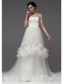 wedding photo -  A-Line Strapless Chapel Trailing Tulle With Flowers Wedding Dresses