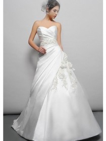 wedding photo -  A-Line Chapel Trailing Strapless Sweetheart Flowers And Beads Taffeta Wedding Gowns