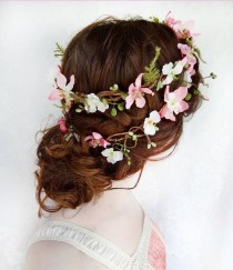 wedding photo - Rustic Wedding Hair Wreath, Woodland Headpiece, Pink Bridal Hair Flower - FOLKLORE - Fern, Pink Flower