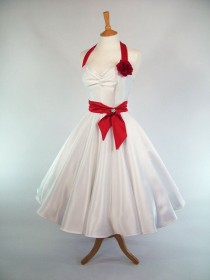 wedding photo - Made To Measure Red And White Duchess Satin Full Circle Skirt Wedding Dress - Detachable Straps & Belt