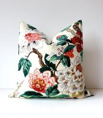 wedding photo - Modern Emerald Pink Decorative Designer Pillow Cover 18" Accent Blossoms Oriental Floral Chinoiserie Green Cream Gold Red Jacobean