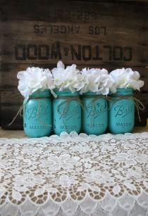 wedding photo - Pots Mason, des pots de maçon peints, rustique Centres de mariage, Décorations de fête, mariage turquoise