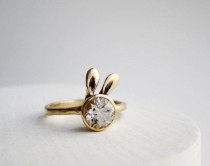 wedding photo - Golden Bunny Ring, 14K Yellow Gold And White Topaz