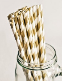 wedding photo - Paper Straws In Metallic Gold & White Stripes - Set Of 25 - Sparkle Shimmer Pretty Wedding Winter Birthday Party Shower Accessories Decor