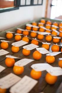 wedding photo - Reception Place Cards Pinned To Clementines