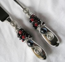 wedding photo - BEADED Wedding Cake Server And Knife Serving Set With Red & Black Glass Beads, Swarovski Crystal And Pearls