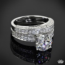 wedding photo - 18k White Gold With Platinum Head "Three-Side Pave" Diamond Engagement Ring & Wedding Ring