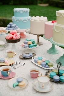 wedding photo - Pastel Colored Cakes And Macaroons Dessert Table